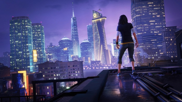 Kamala Khan from Marvel's Avengers overlooking a city at night