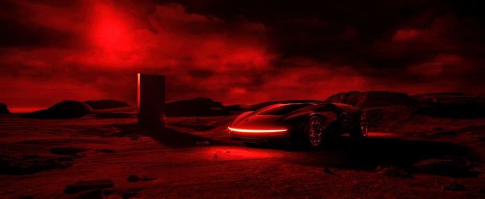 Concept car and monolith on a red alien planet