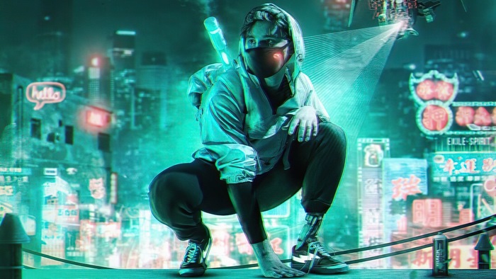 Cyberpunk artist with neon city background