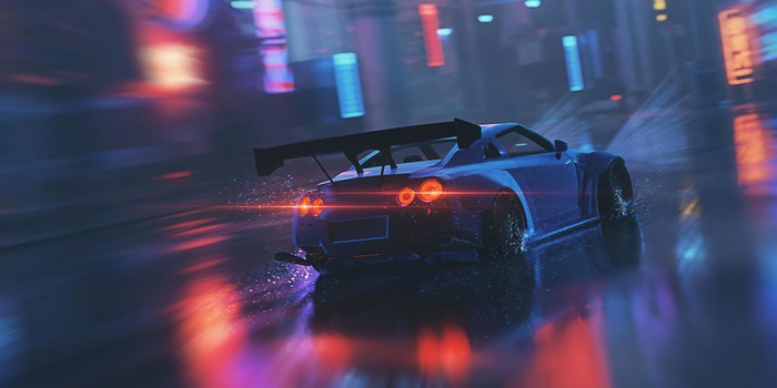 Blue Nissan GTR Racing in Rainy City Street