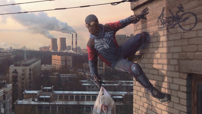 Spiderman artwork with industrial background