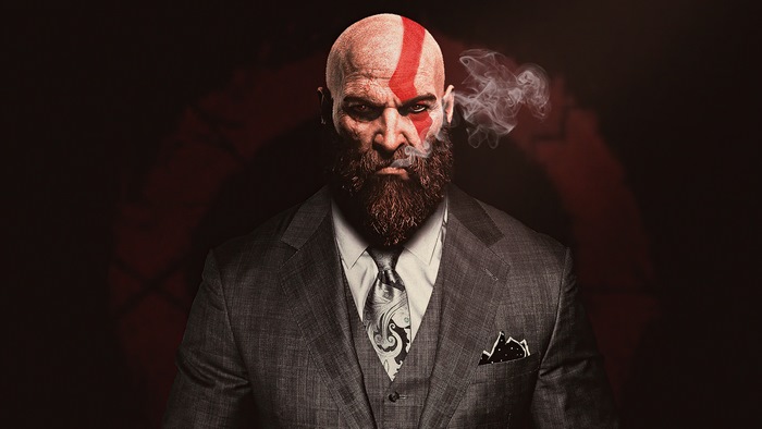 Kratos from God of War in a Suit Smoking