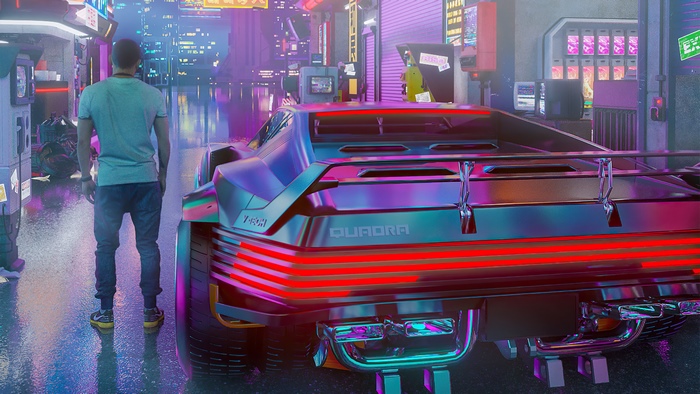 Man standing next to a Quadra car in a cyberpunk city