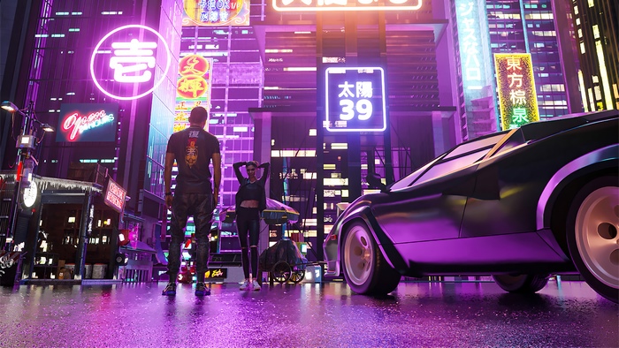 Cyberpunk city street with a sports car and two people