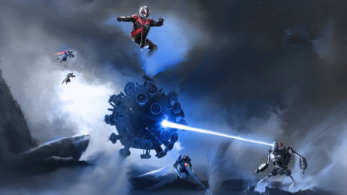 Ant-Man and other superheroes fighting a virus-like creature