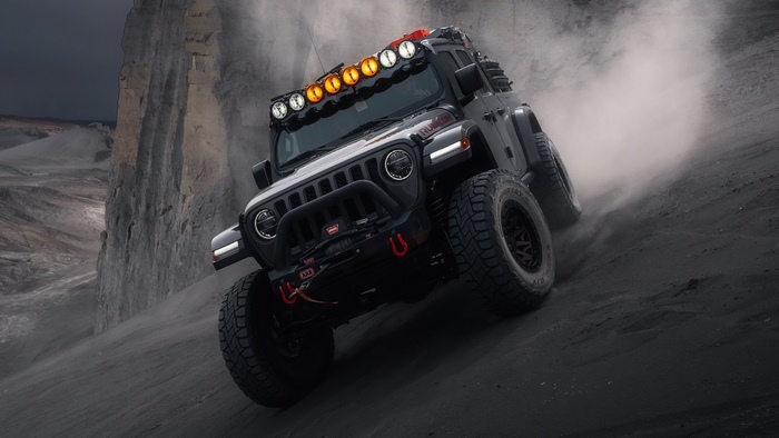 Jeep Wrangler Rubicon off-roading in desert 4K