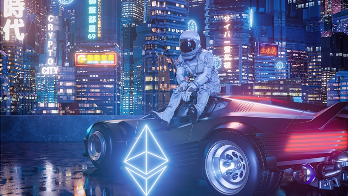 Astronaut in a futuristic car in a neon city