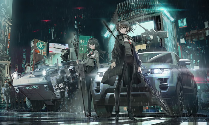 Anime girls with military vehicles in a rainy city