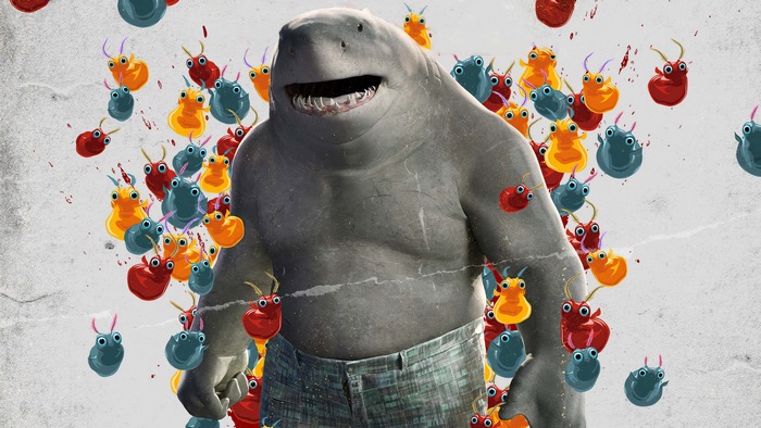 King Shark from The Suicide Squad surrounded by creatures