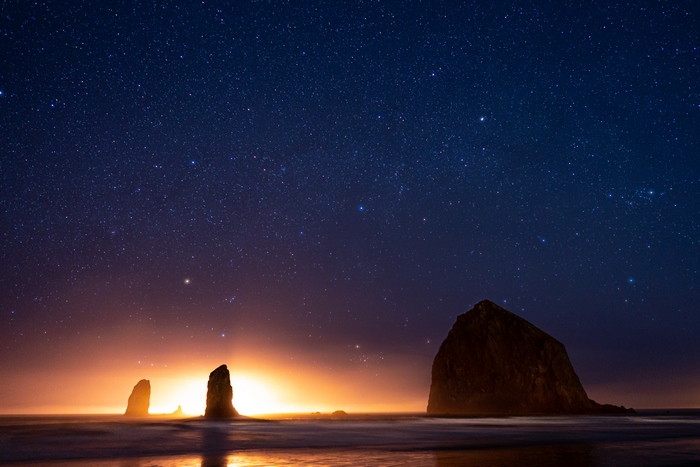 Haystack Rock at Night with Stars