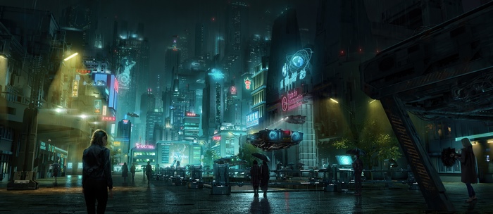 Sci-fi city street at night with flying vehicles