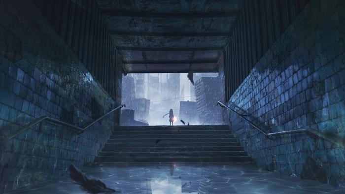 Anime girl with lantern in ruined city