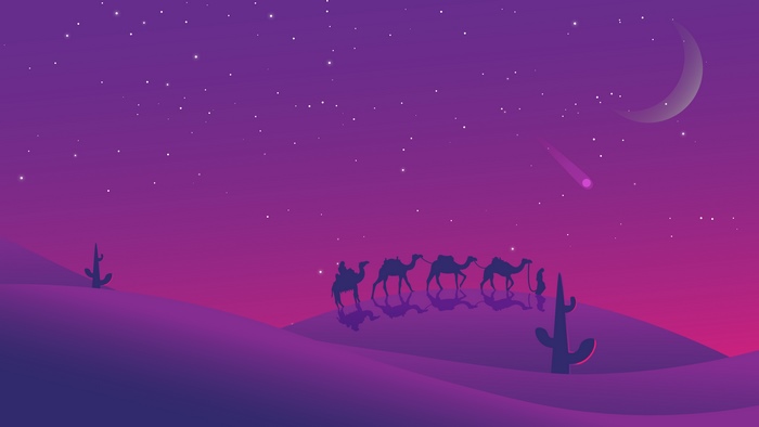 Camels crossing desert dunes under a starry night sky