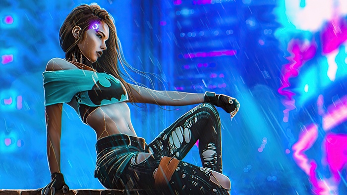 Cyberpunk Woman in Teal Top and Ripped Pants