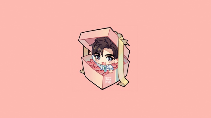 Chibi character in a gift box with hearts
