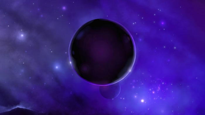 Dark planet in a purple nebula with stars