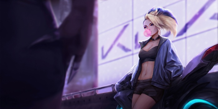 Akali from League of Legends chewing bubblegum