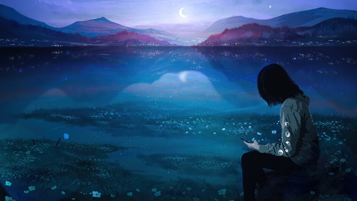 Girl looking at phone by lake at night