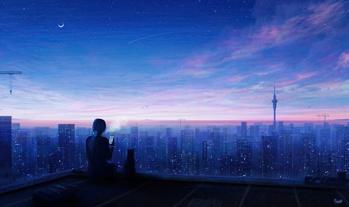 Girl and cat on rooftop overlooking city at dusk