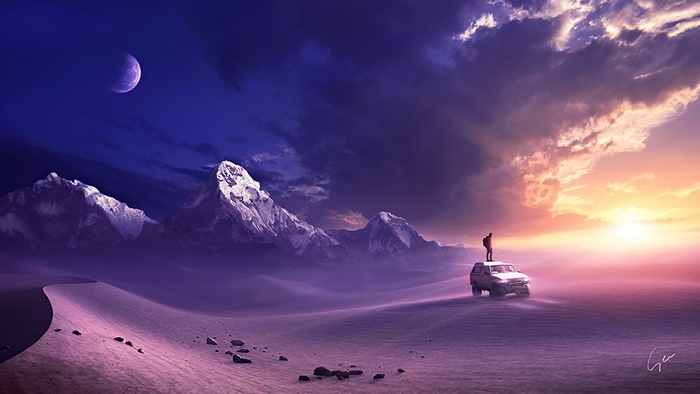 Digital art of a person on a car in a surreal landscape