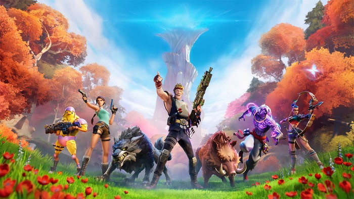 Fortnite characters with animals and weapons in a forest