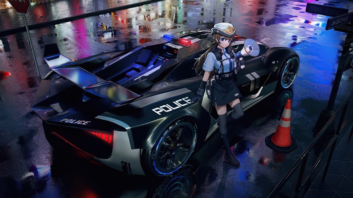 Anime girl in police uniform with futuristic police car
