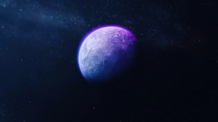 Purple and blue planet in a starry digital universe