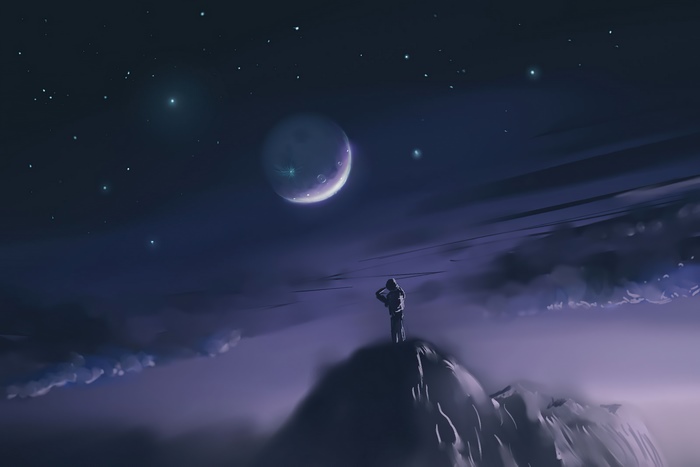 Person on mountain looking at moon and stars