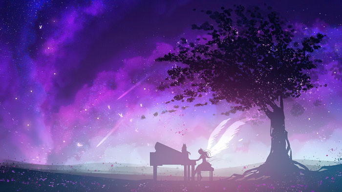 Angel playing piano under a tree in a galaxy