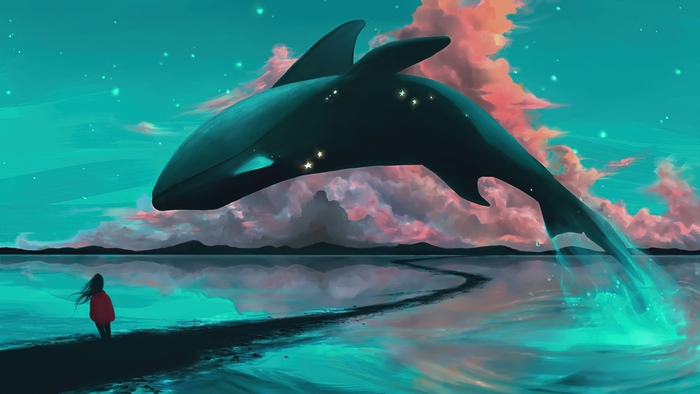 Girl watches a giant whale in a surreal sky