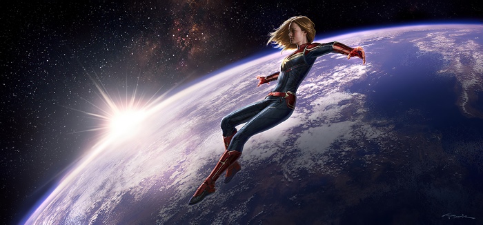 Captain Marvel in Space above Earth