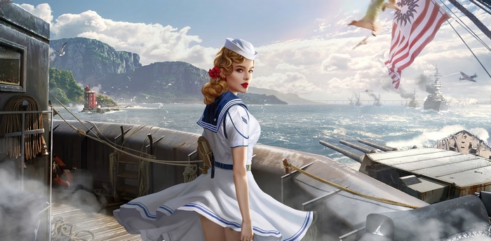 Sailor girl on a battleship with a fleet in the background
