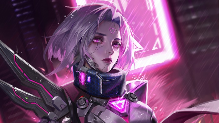 Cyberpunk woman with purple eyes and mechanical parts