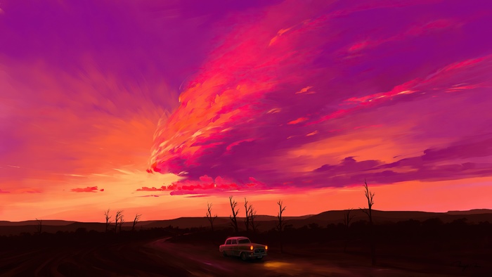 Digital art of a car driving at sunset