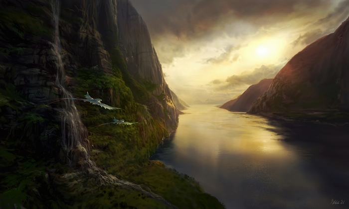 Two dragons flying near a waterfall in a mountain valley