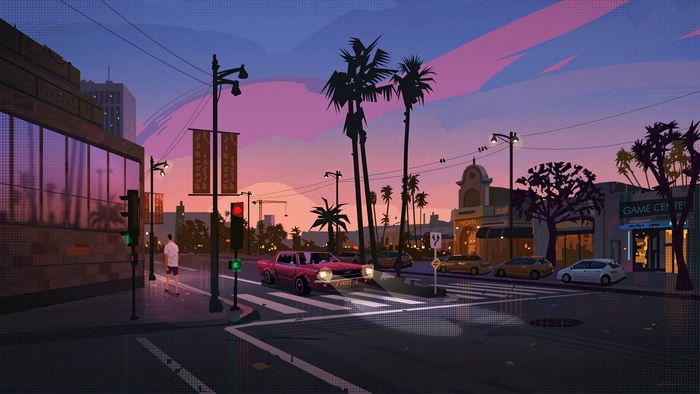 Street scene at dusk with cars and palm trees