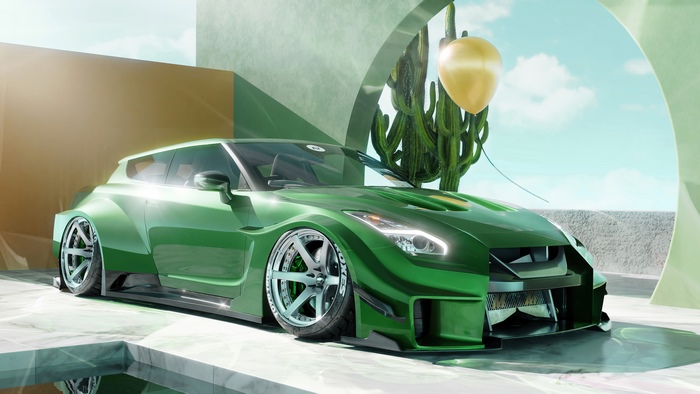 Green Nissan GT-R with Cactus and Balloon