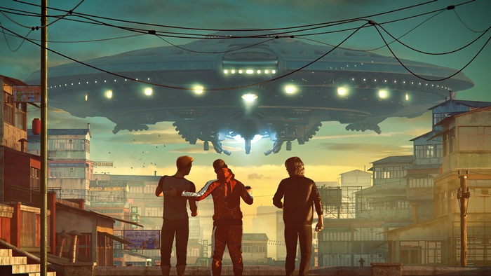 Three people looking at a UFO over a city