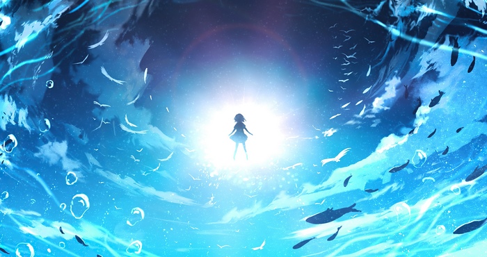 Anime girl in bright light with fish and birds