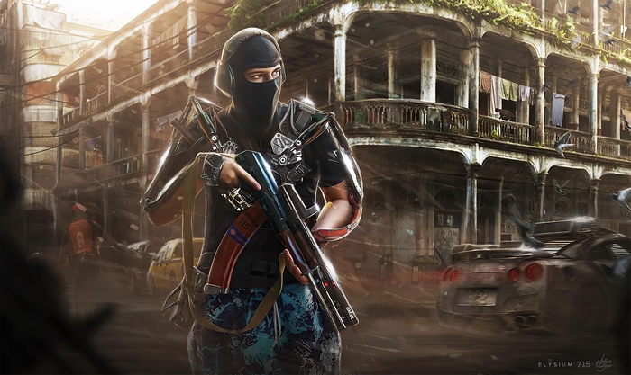 Soldier with assault rifle in ruined city