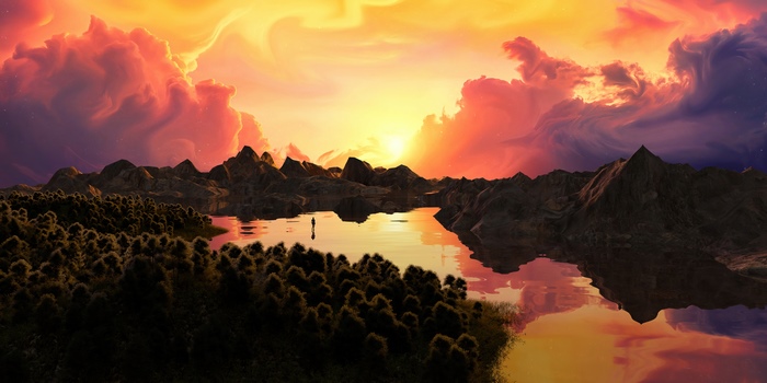 Digital art of a lone figure by a lake at sunset