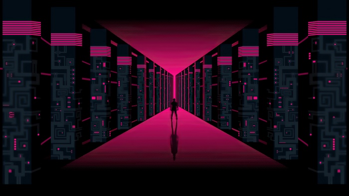 Man standing in a digital server room
