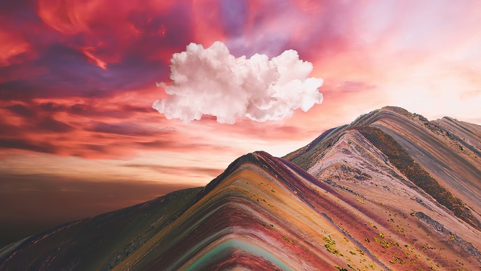 Rainbow mountains with dramatic red clouds and a single cloud