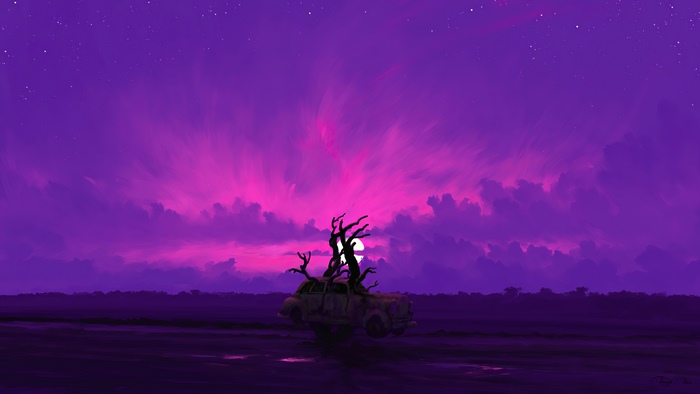 Abandoned car with tree growing through it under a purple sky