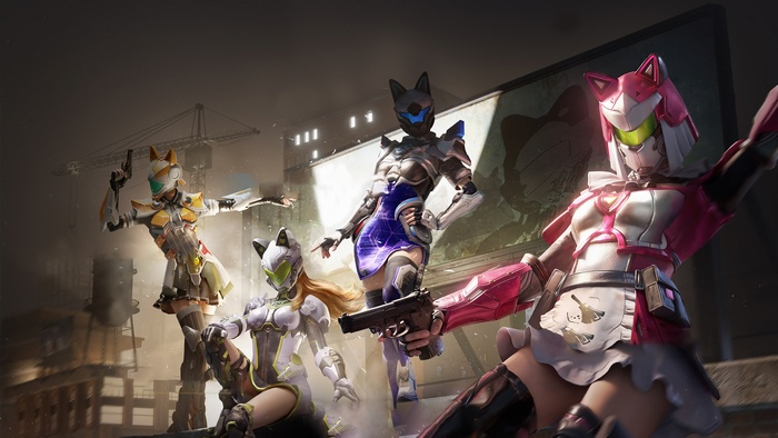 PUBG characters with cat-themed armor and weapons