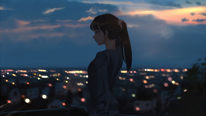 Anime girl looking at city lights at dusk