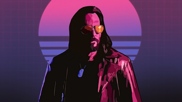 Man in sunglasses and hood with retrowave background