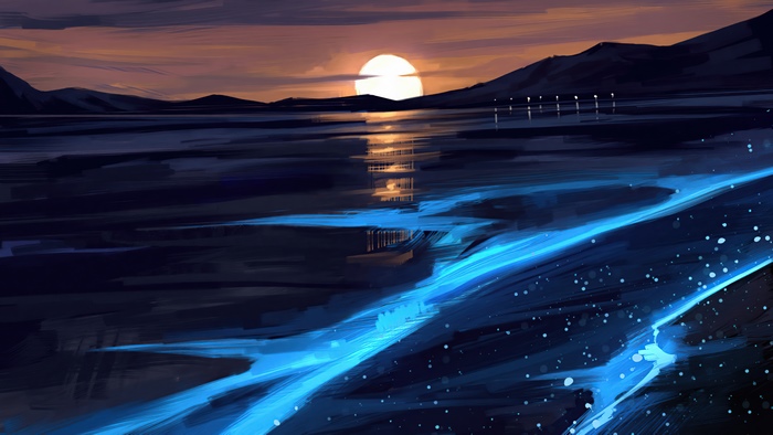 Digital art of a sunset over a lake