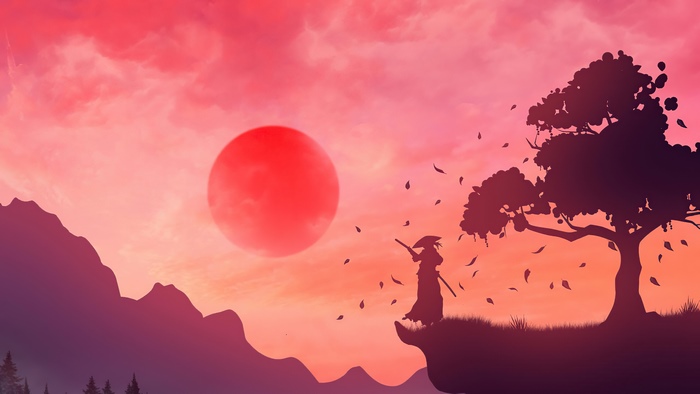 Samurai Warrior with Sword at Sunset