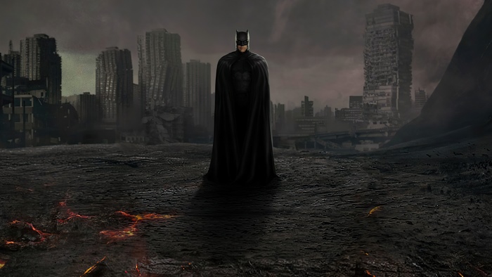 Batman in a ruined city
